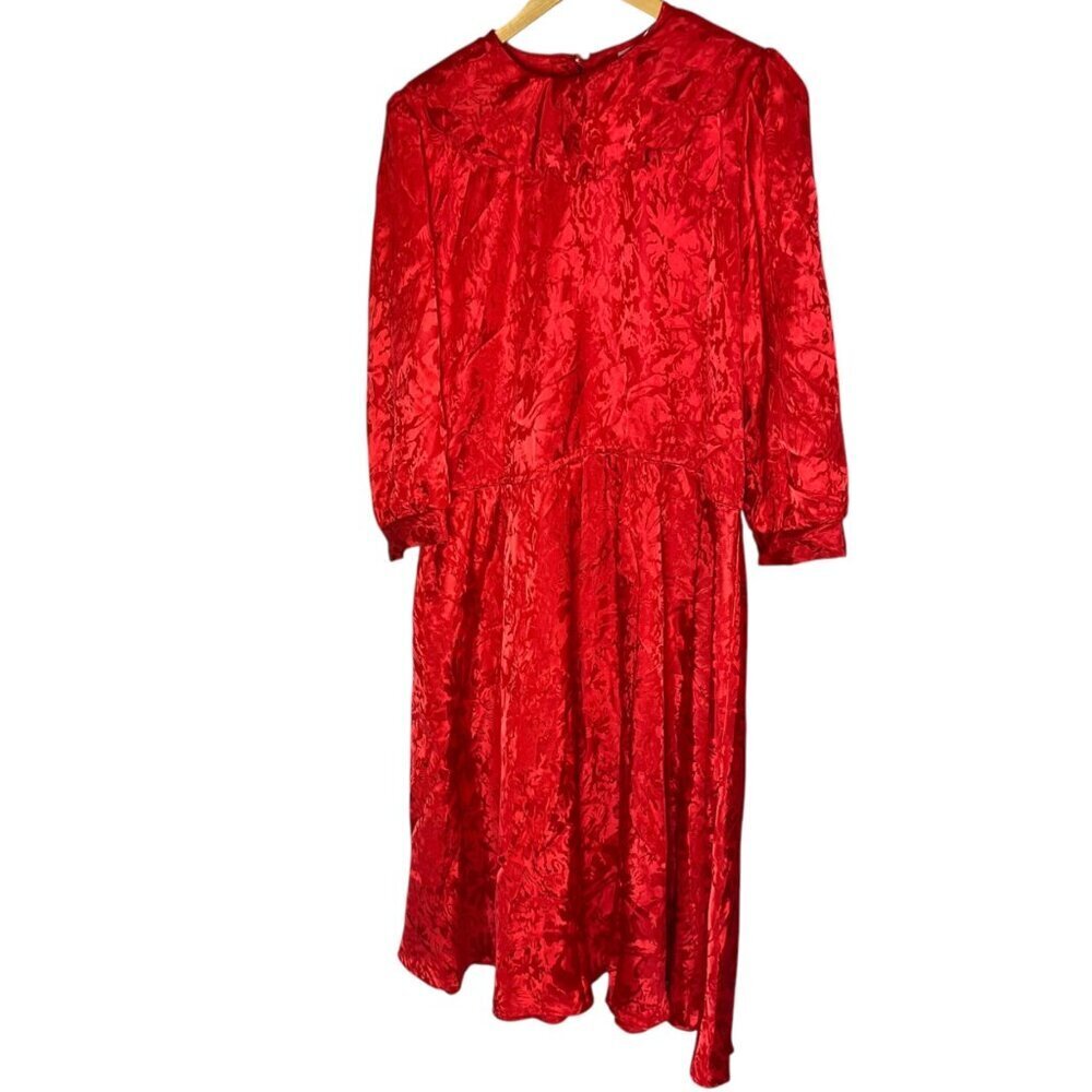 Vintage IFI Size 16 Floral‎ Satin Midi Dress Red 80's Long Sleeve Modest Evening